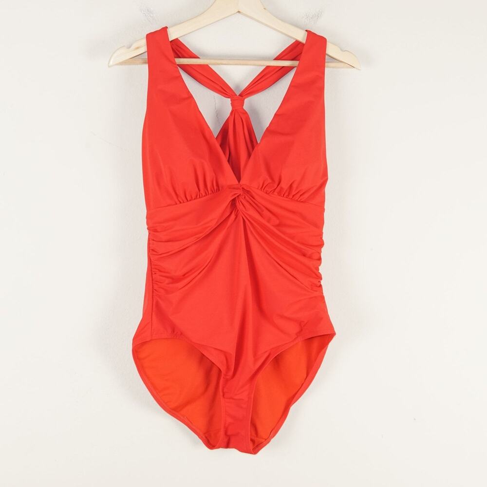 Shapellx Red Plunge Ruched Twist Front One Piece Swimsuit Womens Sz XL